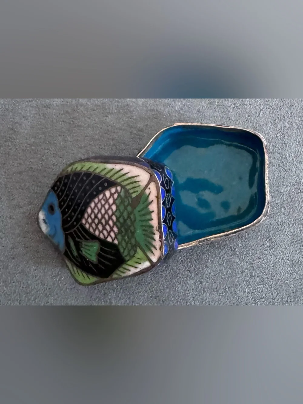 Enamel Trinket Box with Fish Motif in Blue, Black & Green